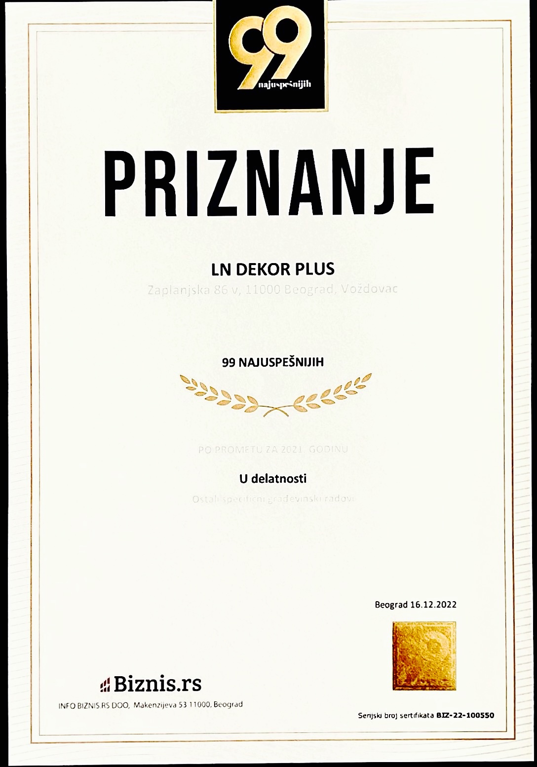 Priznanje 99 najuspešnijih firmi po prometu za 2021 godinu