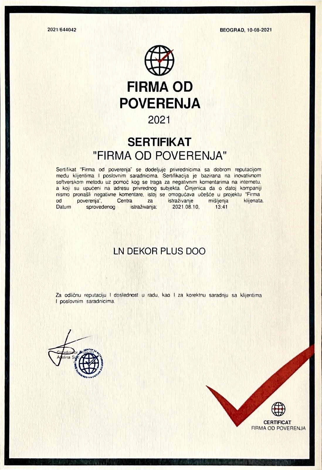 Sertifikat firma od poverenja za odličnu reputaciju i doslednost u radu